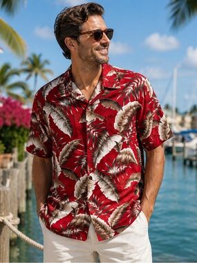 Men's Red Tropical Leaf Short-Sleeve Button-Down Shirt